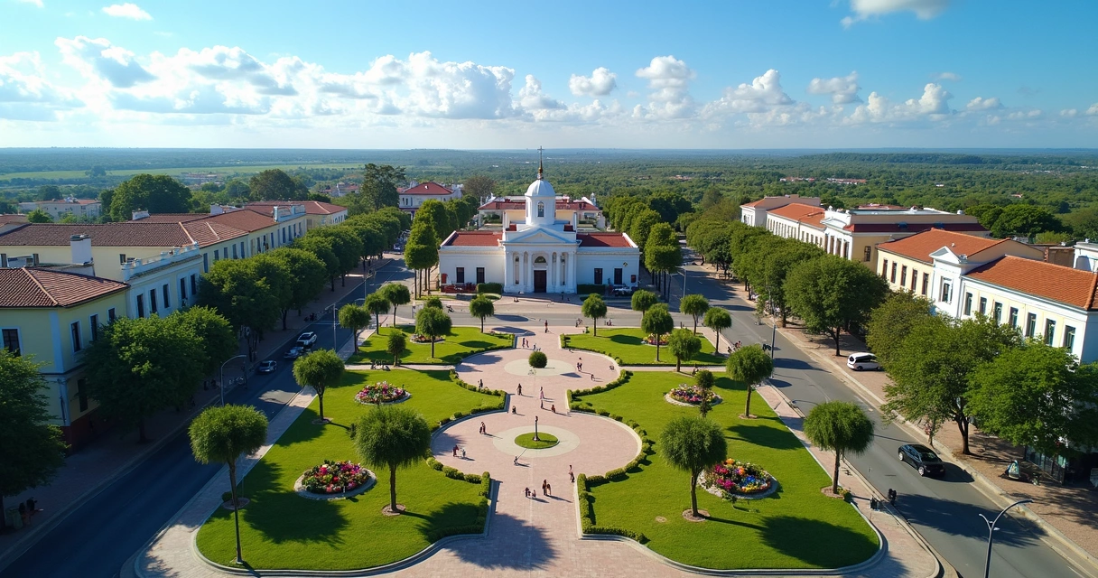 Vista aérea do centro de Goioerê com praça arborizada em dia ensolarado 