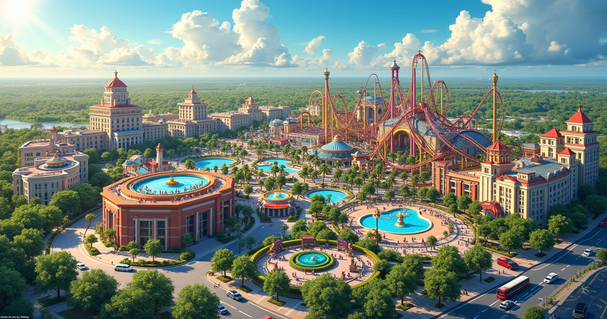 Aerial view of Epic Universe, theme park in Orlando, with attractions and hotels around