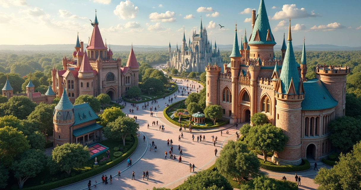 Vista aérea detalhada do parque Epic Universe com áreas temáticas distintas e multidão de visitantes