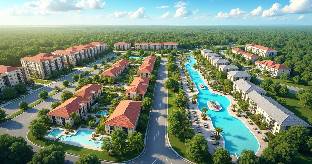 Aerial view of two vacation home condominiums in the Orlando area, showing green areas, houses, and pools in both, highlighting differences in infrastructure. 