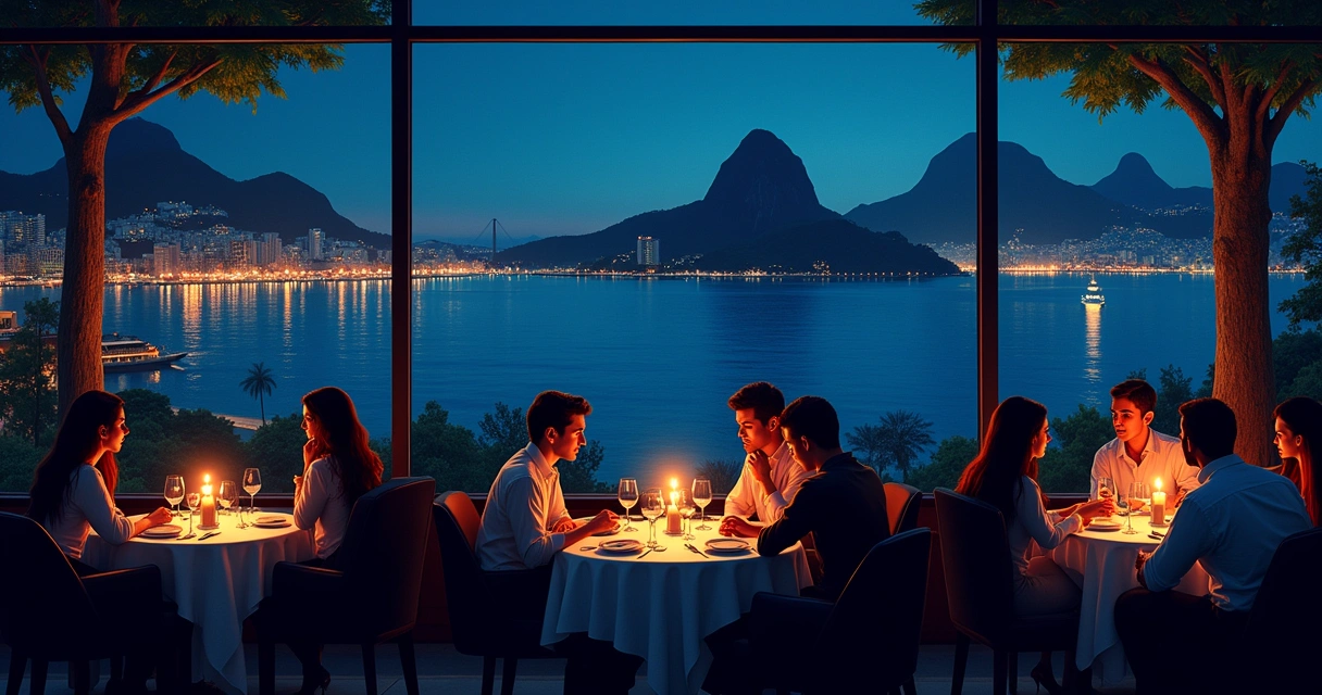Vista da Lagoa Rodrigo de Freitas à noite vista de restaurante elegante 