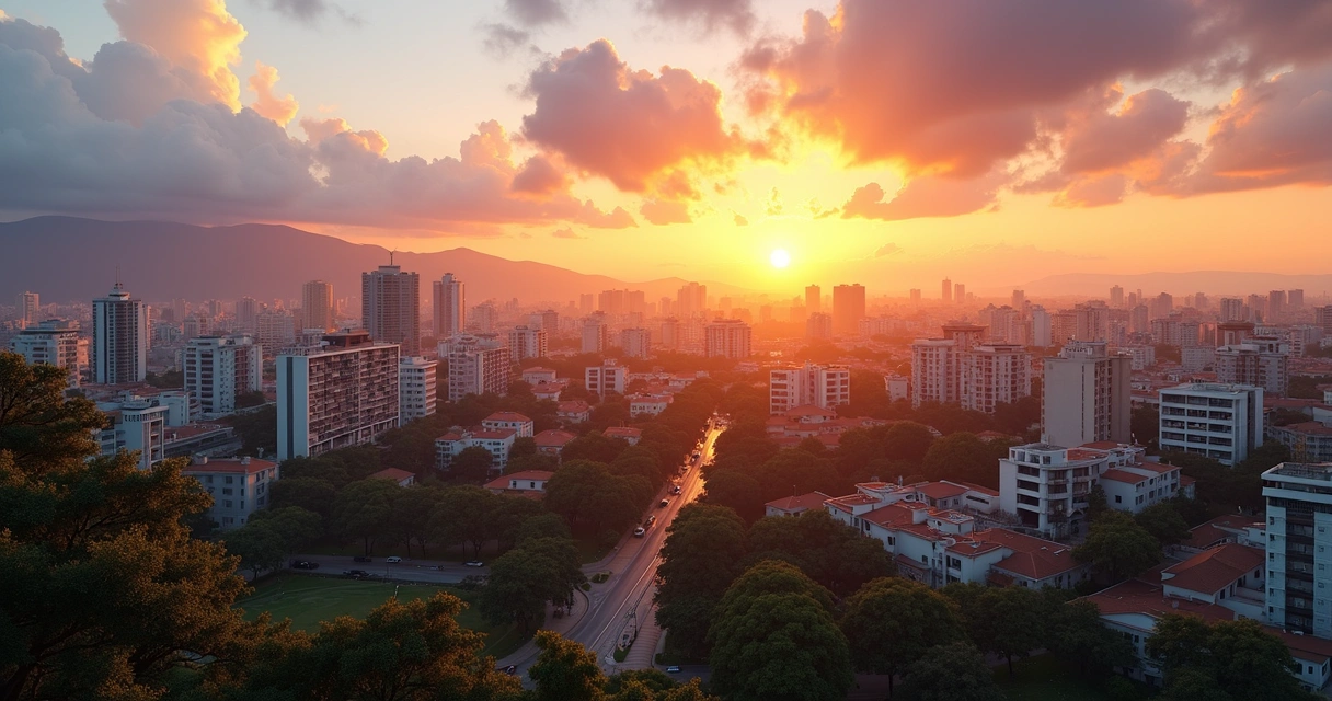 Vista panorâmica de área urbana de Paulínia com prédios residenciais e comerciais ao pôr do sol 