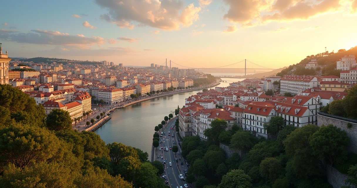 Vista panorâmica das principais cidades de Portugal com prédios, áreas verdes e céu claro ao entardecer 