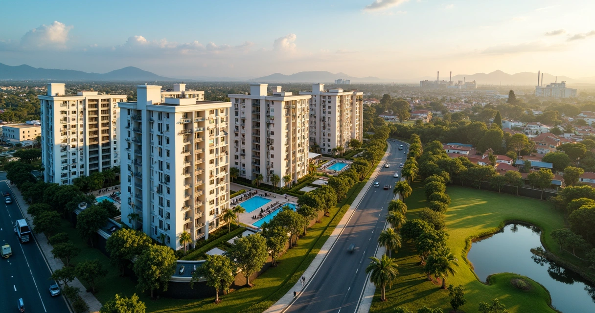 Vista aérea de Paulínia com condomínios modernos e áreas verdes 