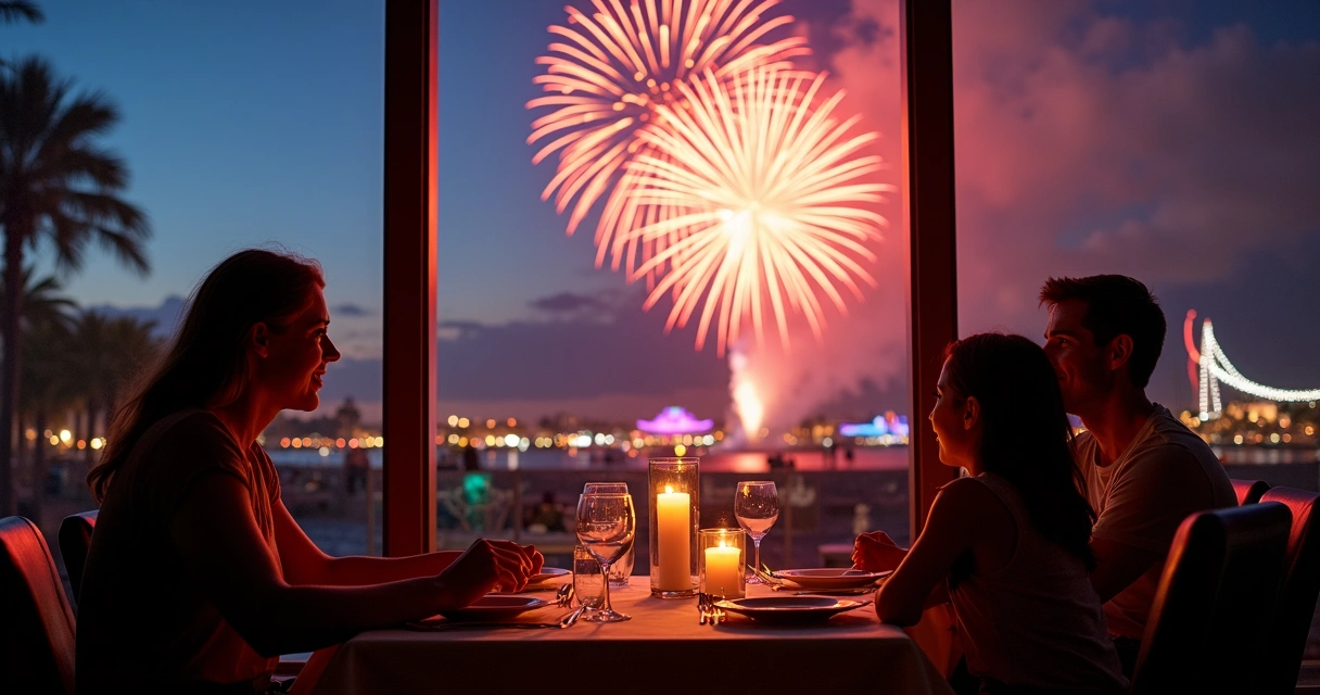 Mesa de restaurante em Orlando com vista para show de fogos à noite 