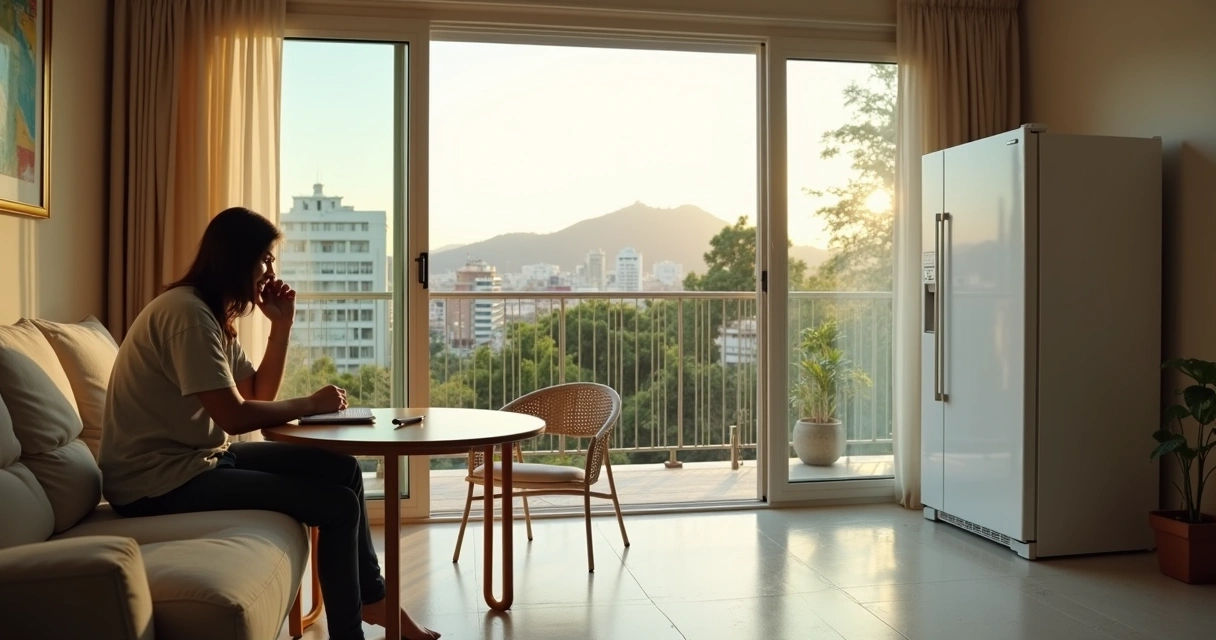 Sala de apartamento na Tijuca com geladeira ao fundo e morador falando ao telefone com assistência técnica 