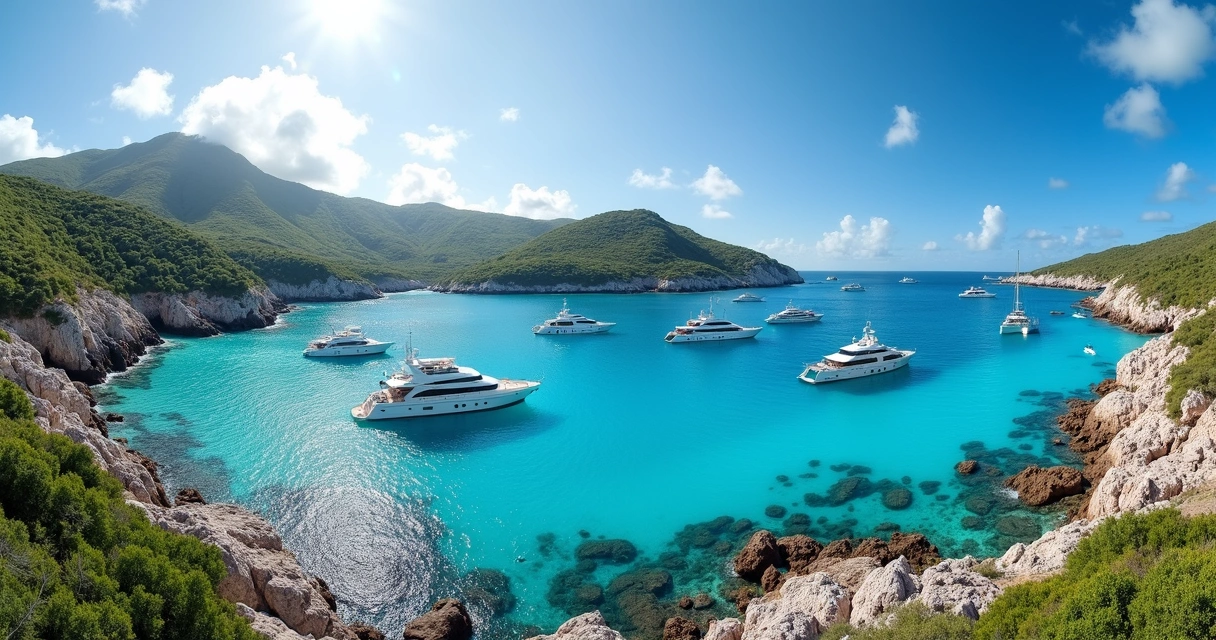 Vista panorâmica do costão e iates no mar de St. Barth