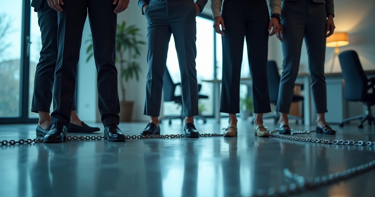 Representação simbólica de equipe conectada por correntes invisíveis em ambiente corporativo 