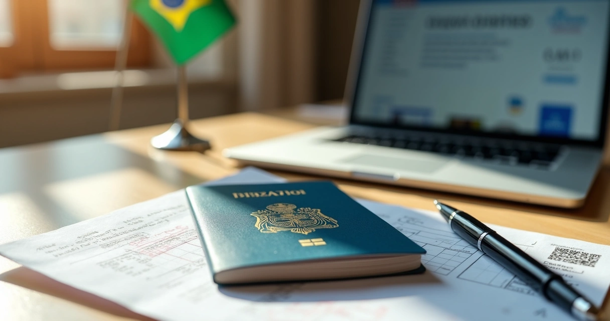 Passaporte brasileiro com visto italiano carimbado sobre mesa ao lado da bandeira da Itália 