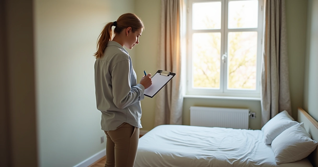 Pessoa fazendo vistoria em quarto alugado, anotando detalhes. 