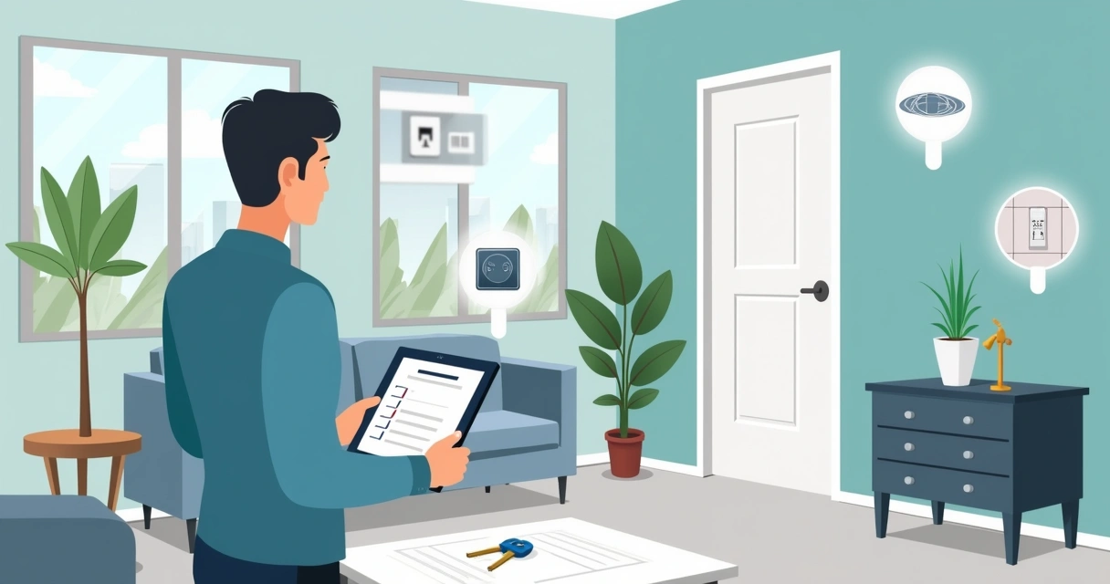 Ilustração de vistoriador analisando cômodo com checklist e câmera 