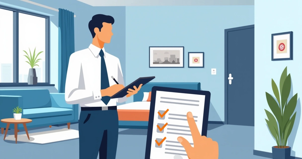 Ilustração de profissional vistoriando sala e quartos de apartamento com checklist digital 