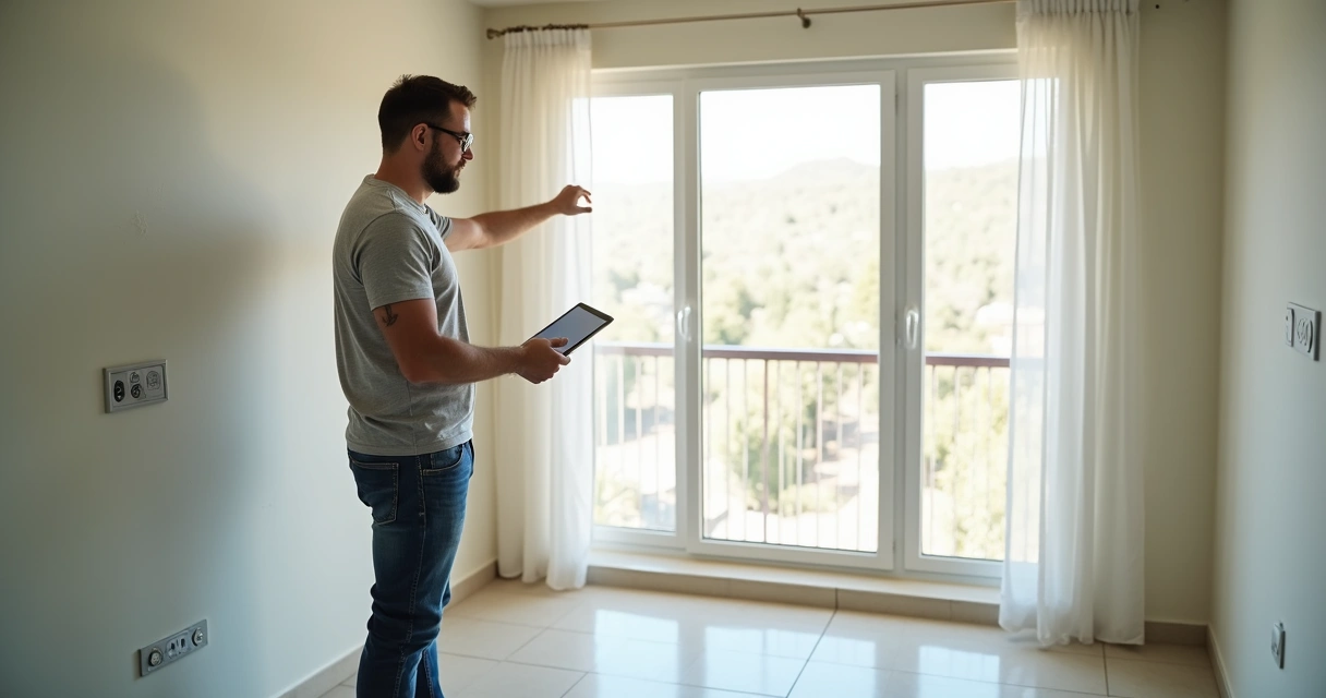 Vistoriador apontando para parede e anotando no tablet 