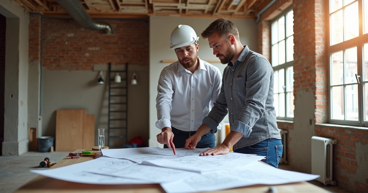 Engenheiro faz vistoria em apartamento com plantas abertas e piso exposto 