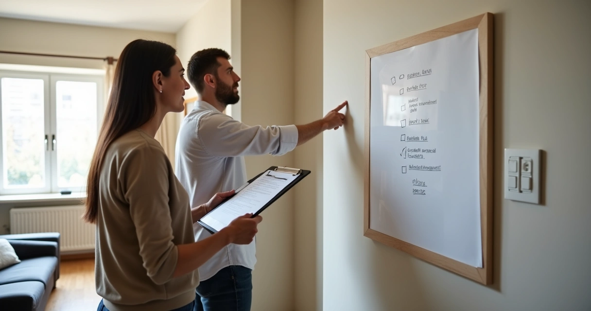 Duas pessoas conferindo checklist em vistoria dentro de um apartamento moderno 