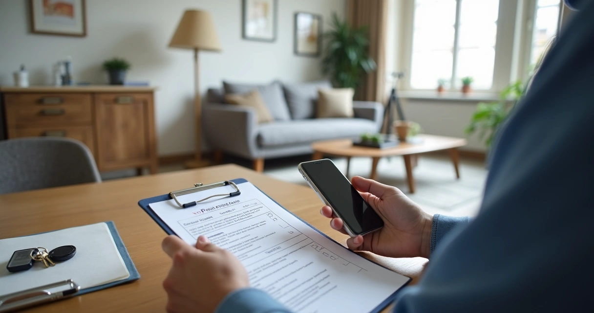 Profissional registra detalhes de apartamento com celular e checklist