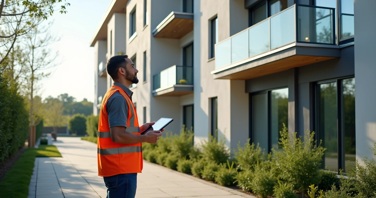 Técnico avaliando fachada de prédio residencial. 
