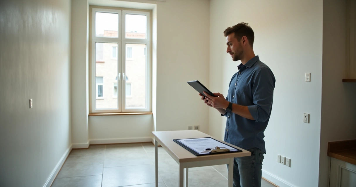 Profissional registrando vistoria em apartamento com tablet 