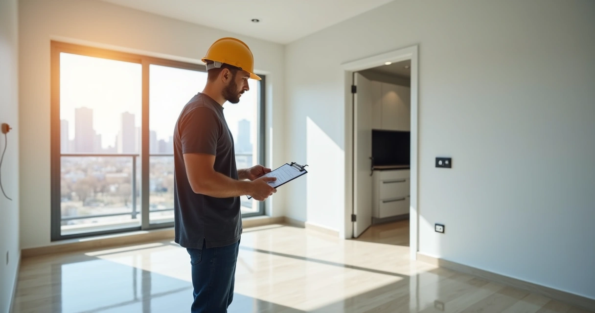 Vistoria em apartamento novo com engenheiro avaliando instalações 