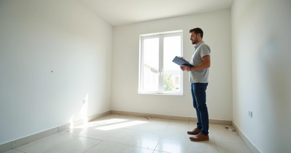 Vistoriador analisando parede de apartamento vazio e recém-construído
