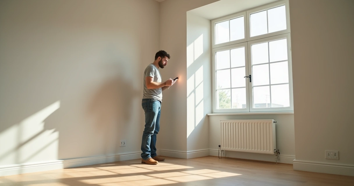 Pessoa vistoriando apartamento vazio com bloco de notas e lanterna 