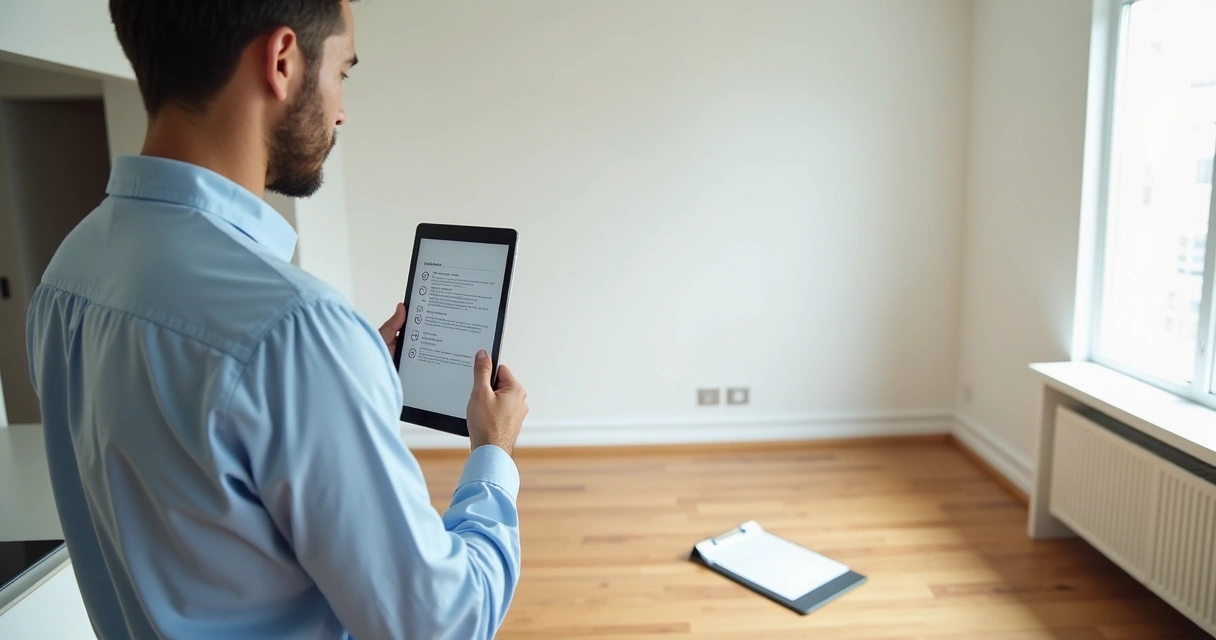 Profissional registrando vistoria de apartamento em tablet 