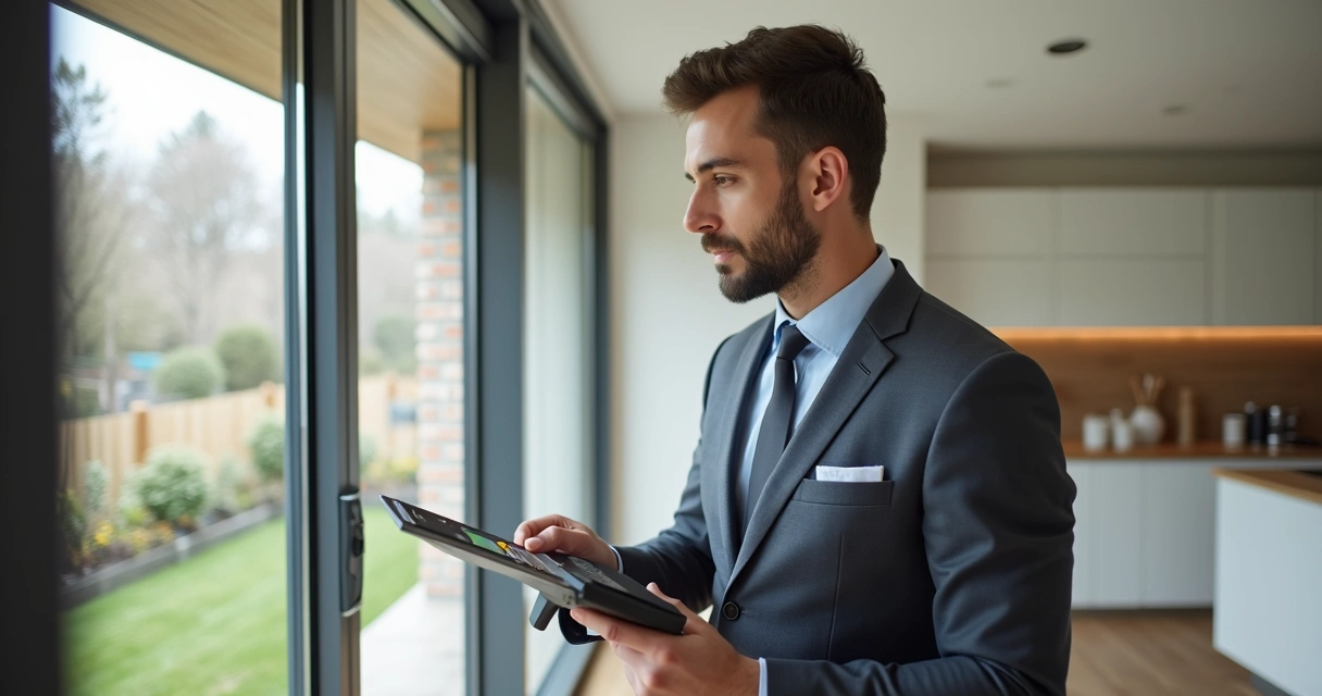 Engenheiro vistoriando imóvel com prancheta e medidor digital 