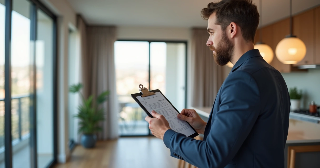 Supervisor registrando vistoria de apartamento com checklist digital e fotos