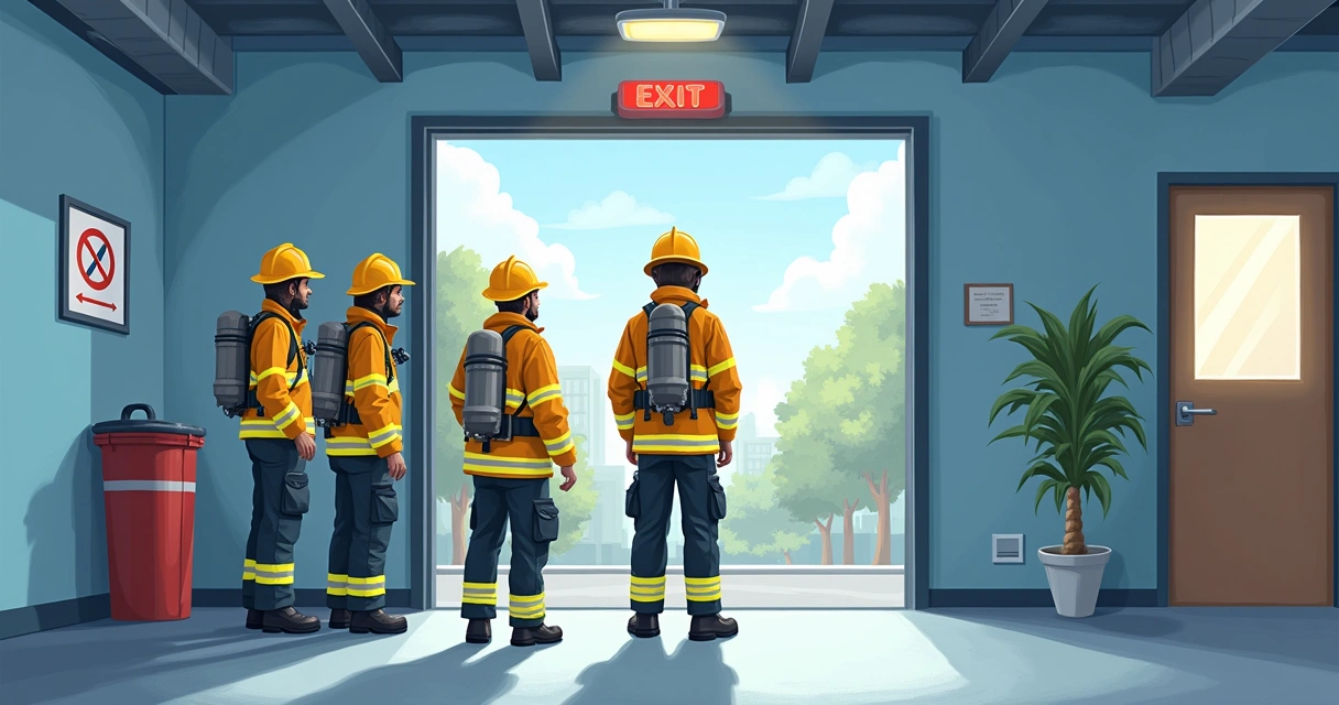 Equipe do Corpo de Bombeiros analisando saída de emergência