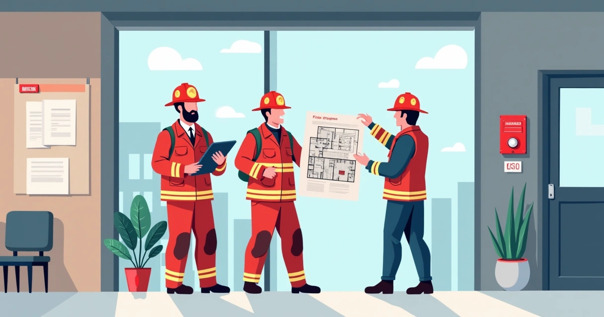 Equipe dos bombeiros em vistoria técnica em prédio comercial 