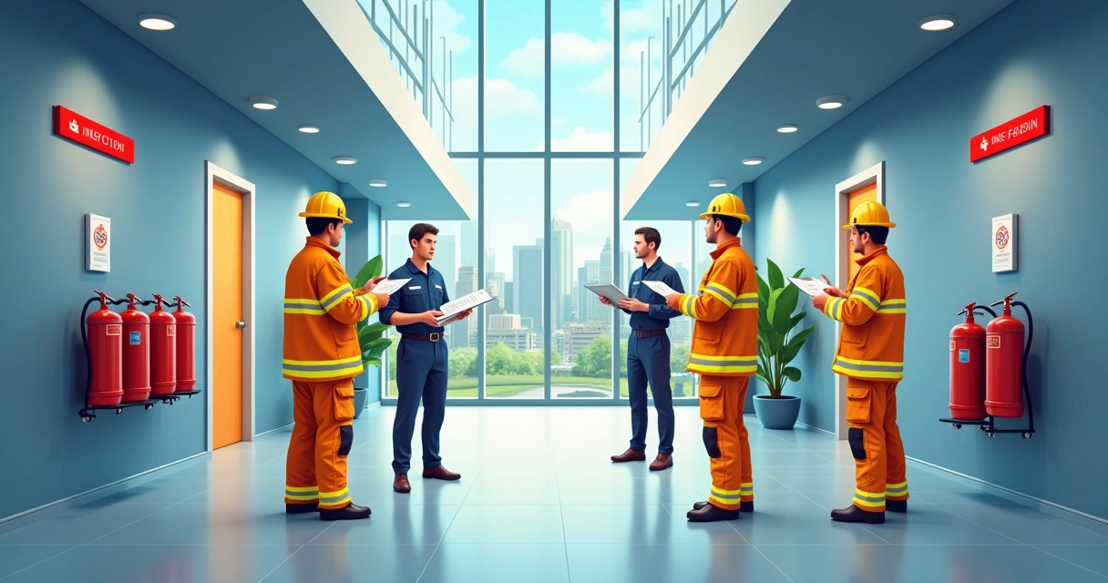 Equipe do Corpo de Bombeiros realizando vistoria técnica em prédio comercial. 