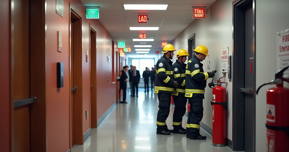 Bombeiros inspecionando extintores em prédio comercial 