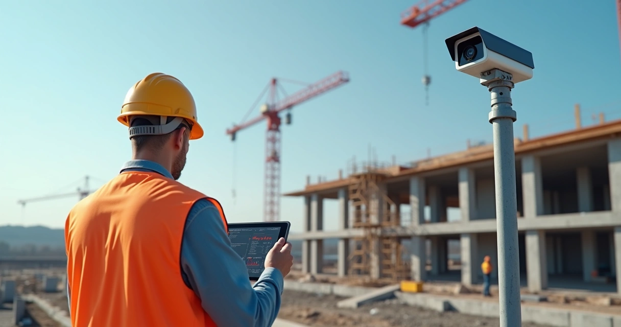 Engenheiro inspecionando canteiro de obras com tablet e câmera time-lapse ao fundo 