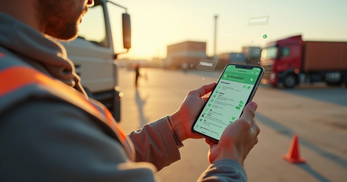 Técnico fazendo vistoria de campo registrando dados no celular com sobreposições digitais de IA 