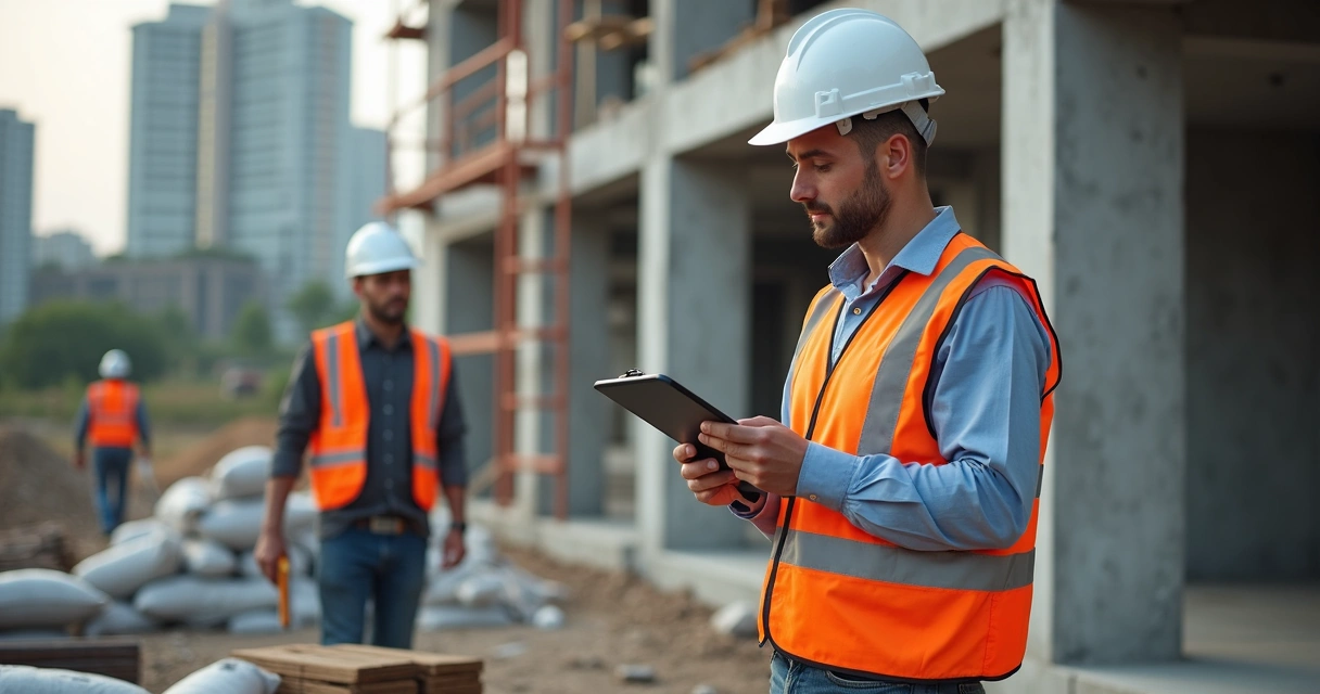 Profissional revisando checklist em canteiro de obras 