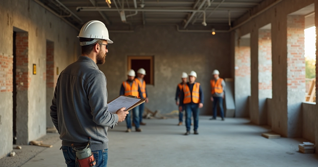 Profissional vistoriando equipe em canteiro de obras