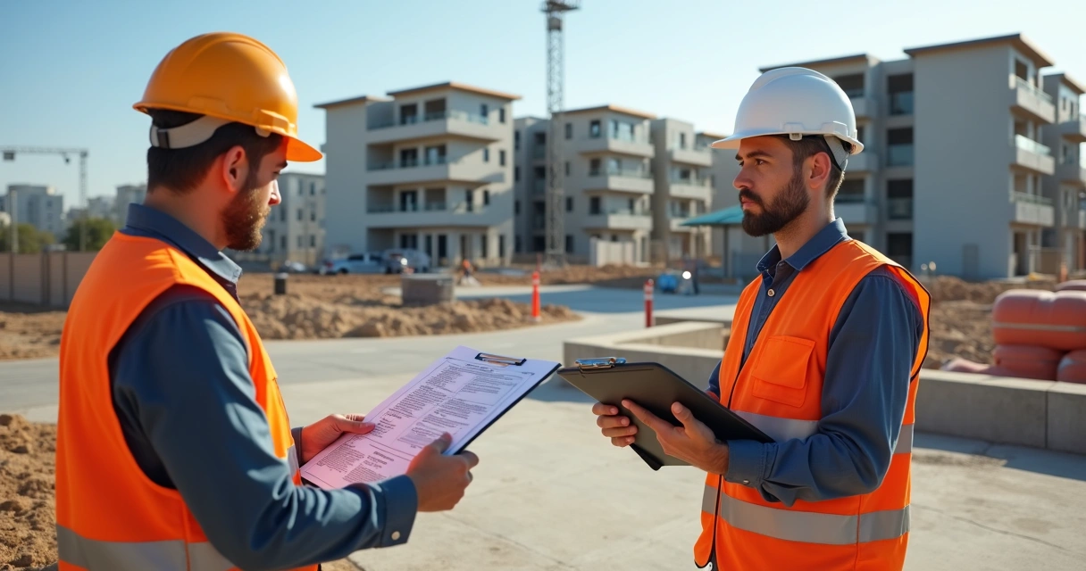 Fiscalização em canteiro com engenheiro mostrando documentos 