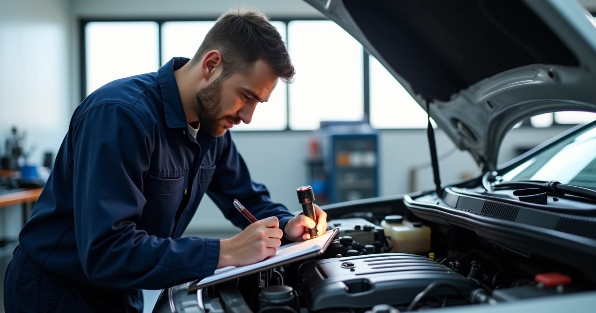 Mecânico inspecionando detalhadamente o motor de um carro 
