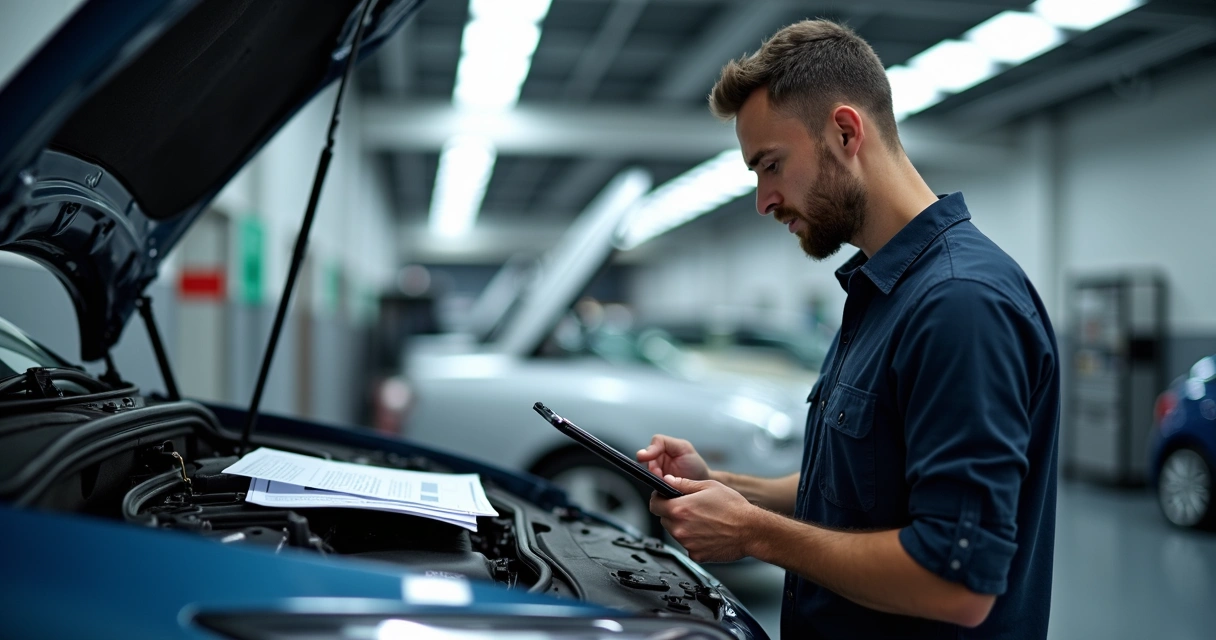 Profissional realizando vistoria cautelar em carro estacionado 