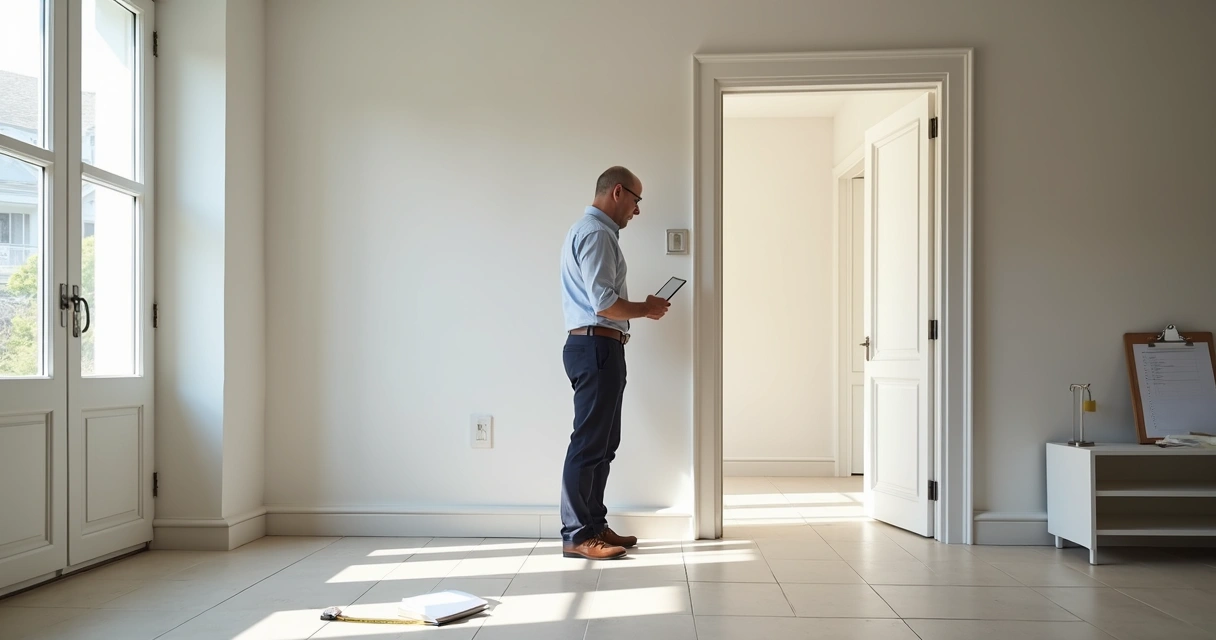 Profissional verificando portas e paredes de casa vazia durante vistoria 