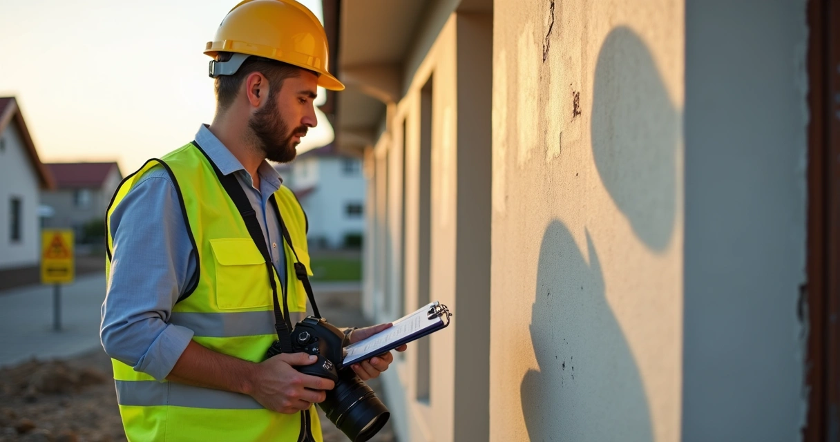 Engenheiro faz vistoria cautelar em imóvel vizinho, usando prancheta e câmera fotográfica 