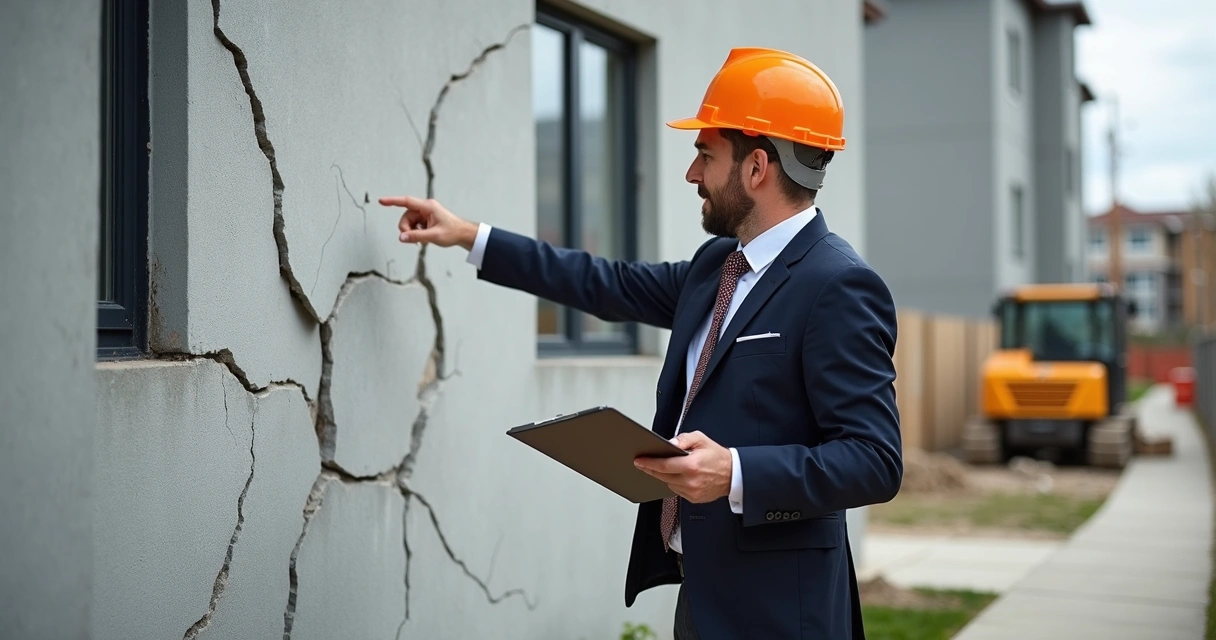 Engenheiro examinando parede em edifício vizinho a uma obra 