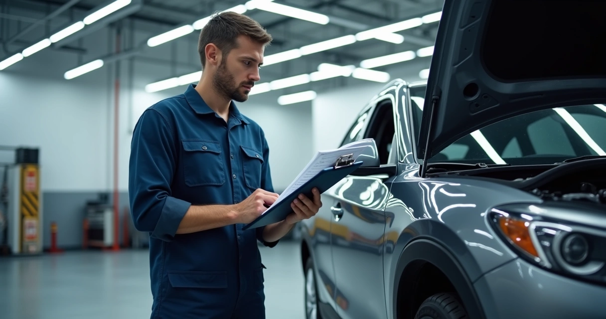 Profissional realizando vistoria cautelar em carro usado em oficina, avaliando estrutura e documentação 