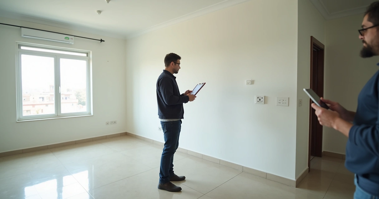 Vistoriador com checklist em sala vazia