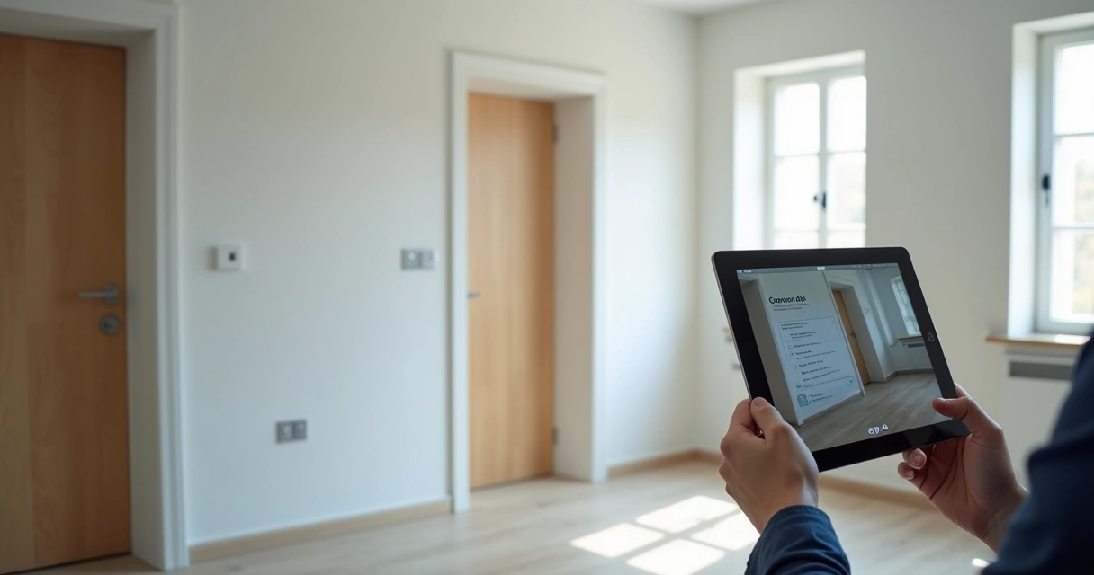 Profissional registrando vistoria com tablet em apartamento vazio 