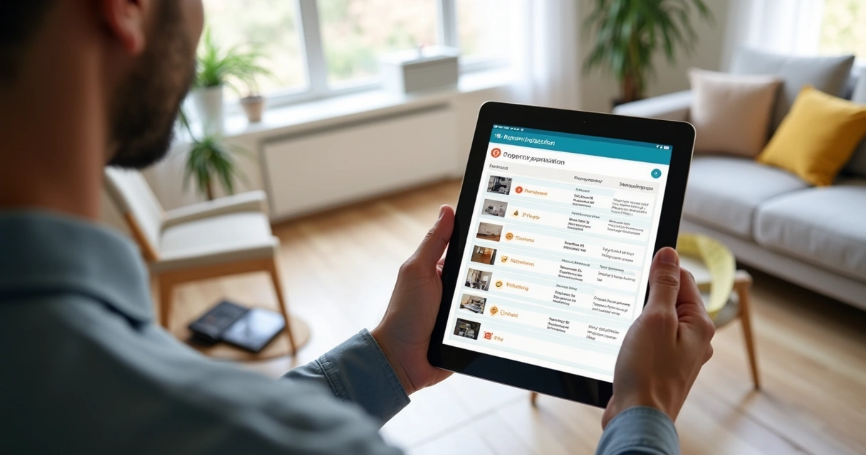 Vistoriador usando tablet em imóvel com fotos e checklist na tela 