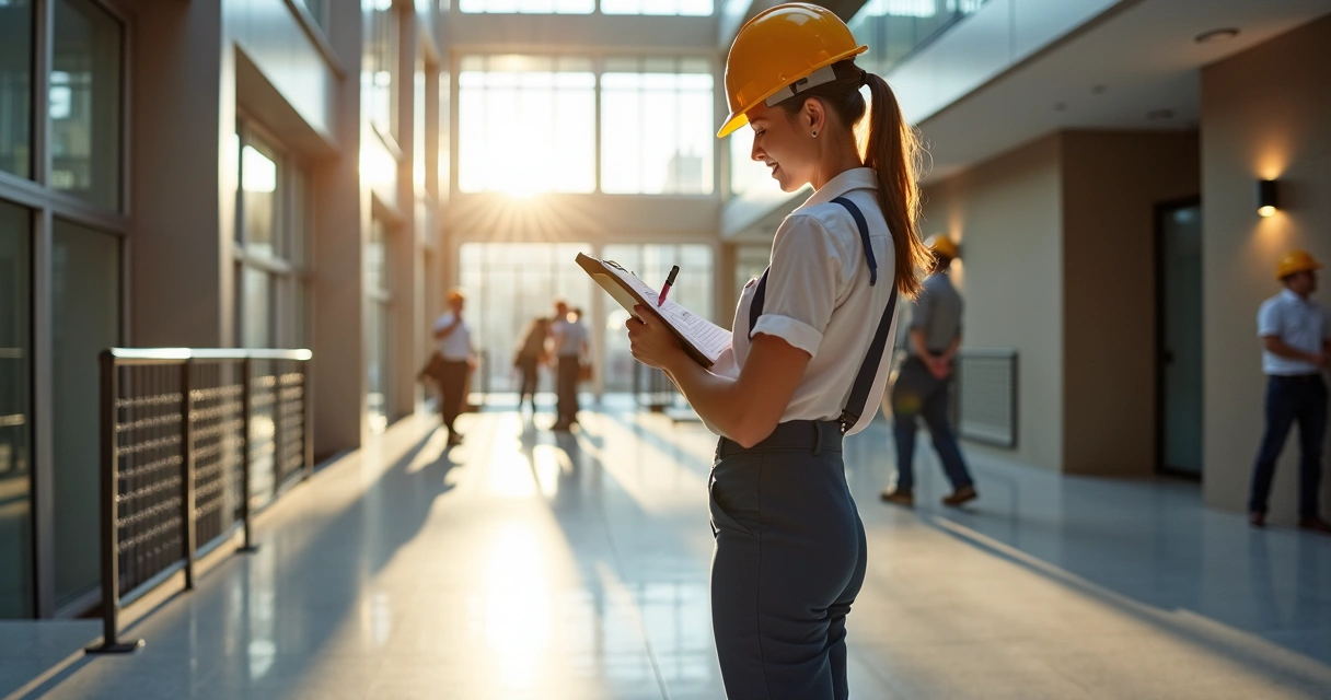 Engenheira vistoriando área comum de um condomínio 