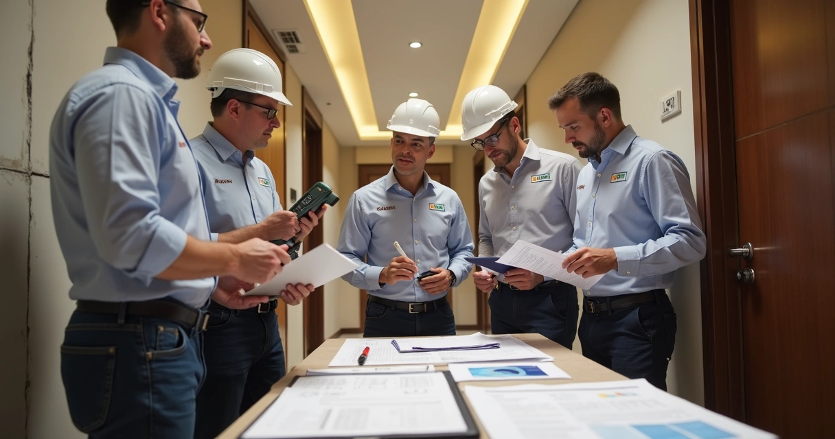 Equipe de engenheiros analisando infiltração em parede de condomínio 