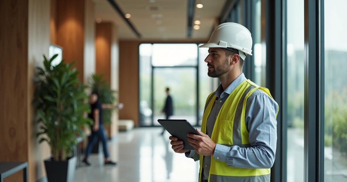 Engenheiro vistoriando estrutura em área comum de condomínio 