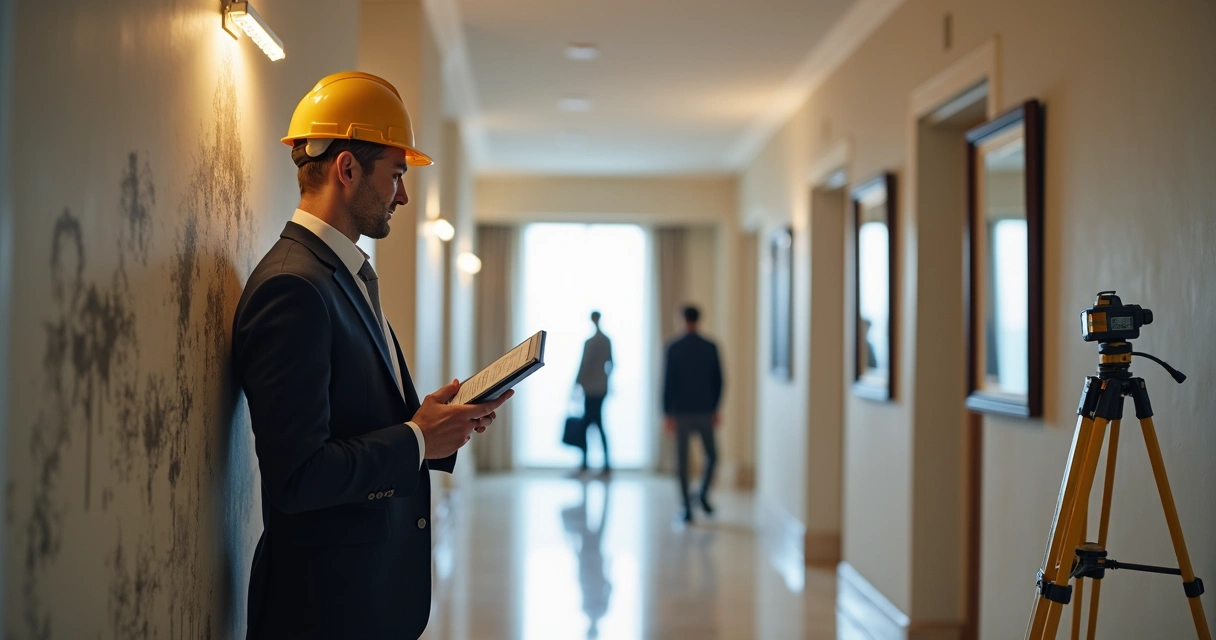 Engenheiro examinando infiltração em parede de condomínio 